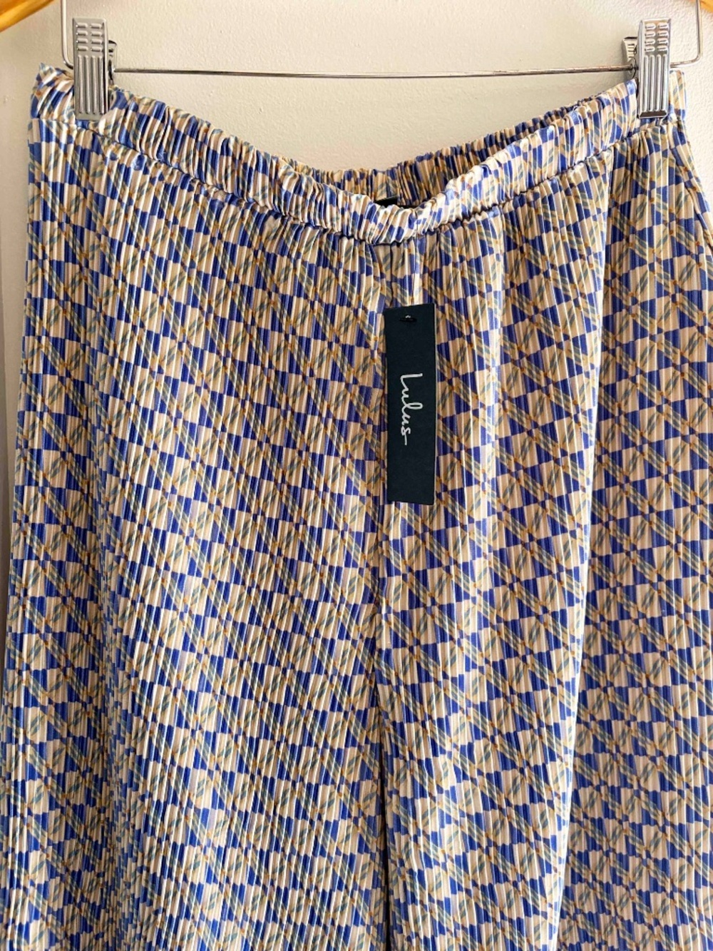 Lulus Womens M Plissé Pleated Wide Leg Pants Blue Beige Vacation Coastal BohoNWT